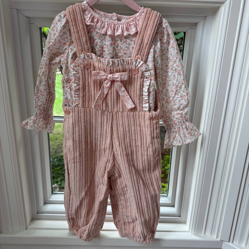 Dondolo Pink Floral Top and Pink Corduroy Overalls Set Size 3T